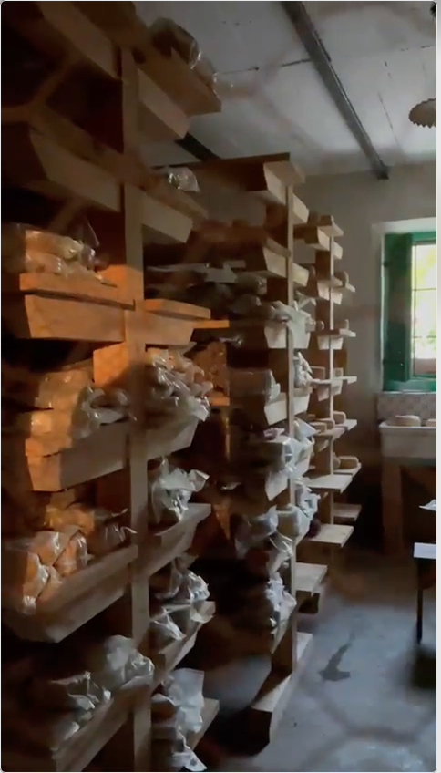 Sur les étagères de bois de la fromagerie de Loreto Pacitti à Picinisco, des fromages reposent